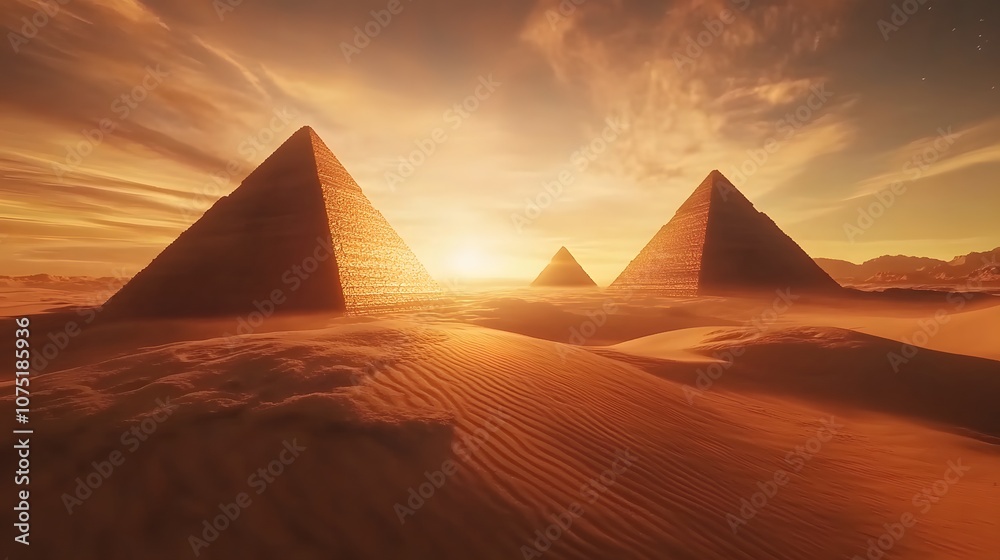 Poster A digital desert at sunset with floating pyramids emitting a soft glow, casting long shadows on the dunes and blending the surreal with sci-fi elements. No text, no logo, wide angle shot, 4k