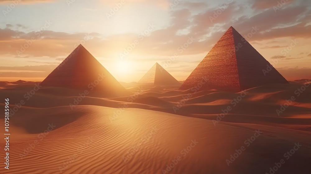 Poster a digital desert at sunset with floating pyramids emitting a soft glow, casting long shadows on the 