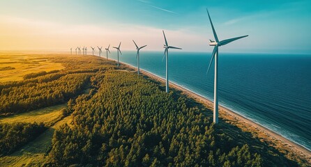Aerial view of wind turbines along a scenic coastline with a lush forest and ocean backdrop, showcasing renewable energy