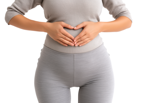Close-up of a woman’s hands making a heart gesture on her belly isolated on transparent background, representing health or pregnancy