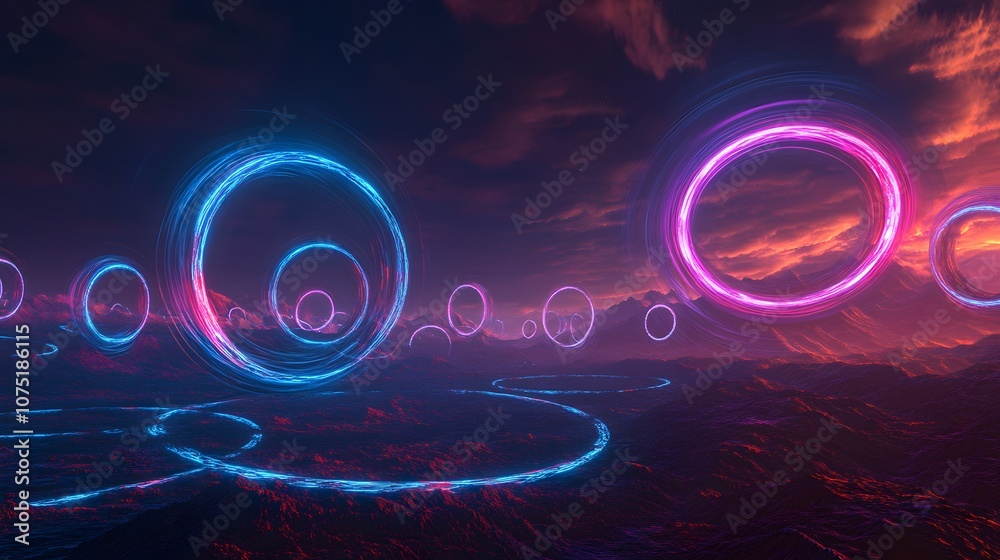 Poster a vast field of interconnected neon rings and spirals hovering above a mirrored landscape, evoking a