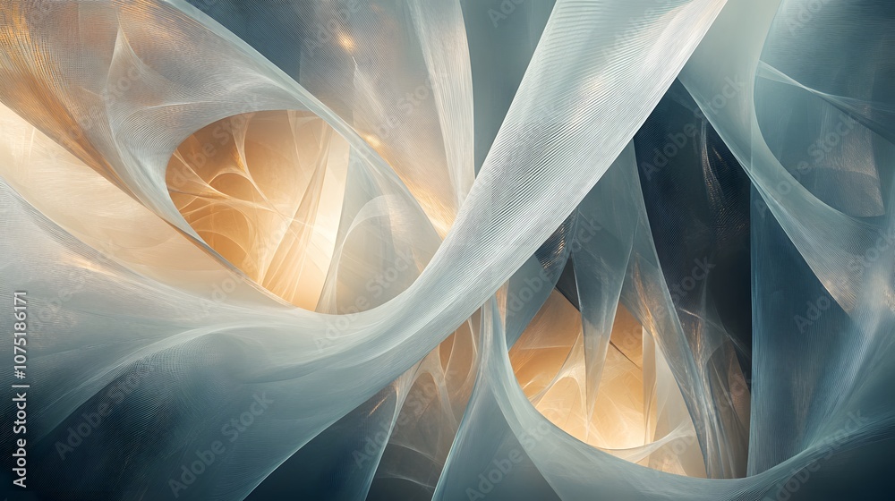 Poster an abstract, multi-layered pattern of translucent shapes and glowing lines forming a futuristic, dre