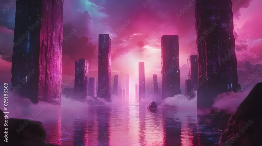 Poster A landscape of floating monolithic structures casting reflections on a glowing, neon river, blending surrealism with a sense of sci-fi mystery. No text, no logo, wide angle shot, 4k resolution,