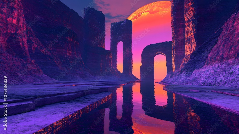 Poster A landscape of floating monolithic structures casting reflections on a glowing, neon river, blending surrealism with a sense of sci-fi mystery. No text, no logo, wide angle shot, 4k resolution,