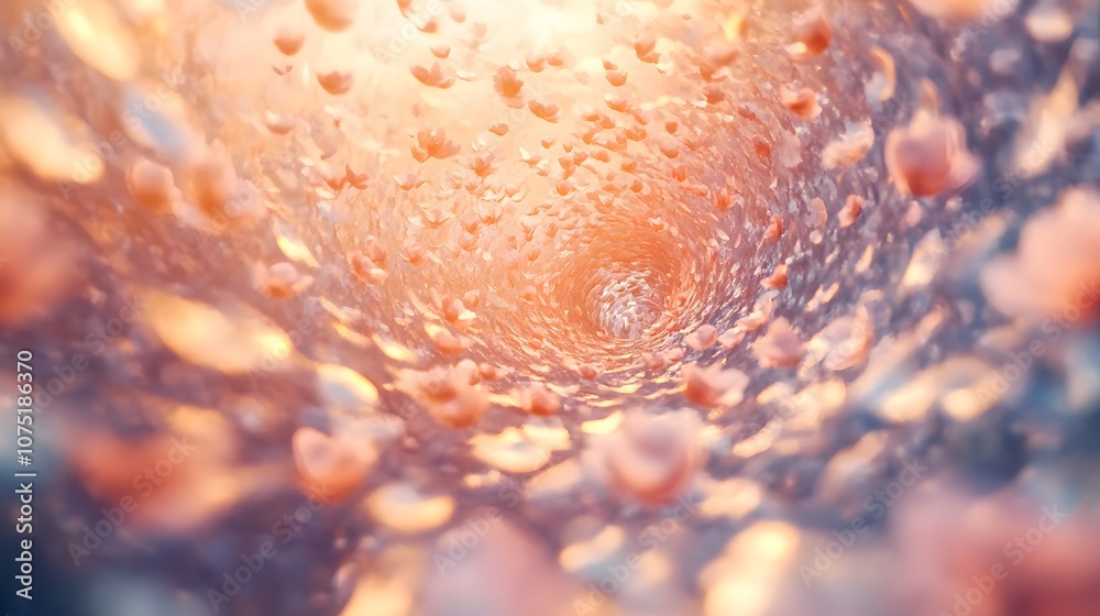 Poster a scene of metallic, floating petals arranged in a spiral pattern, hovering over an endless digital 
