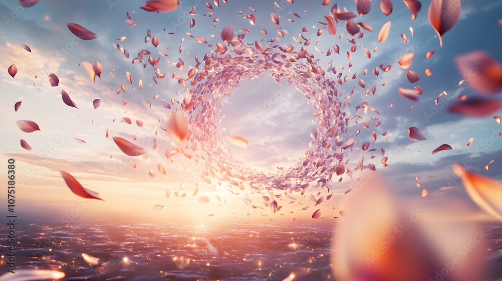 Poster a scene of metallic, floating petals arranged in a spiral pattern, hovering over an endless digital 