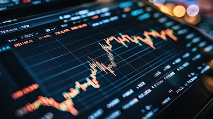 Stock market data displayed on digital screen with fluctuating graphs and numbers, showcasing financial trends and analysis