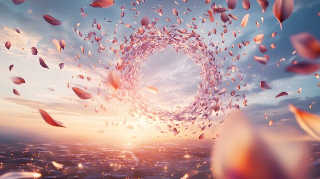 A scene of metallic, floating petals arranged in a spiral pattern, hovering over an endless digital landscape with soft, ethereal colors and textures. No text, no logo, wide angle shot, 4k