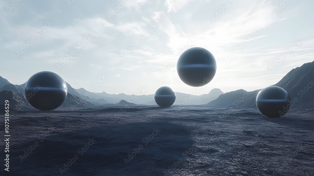 Poster a surreal sci-fi landscape with giant floating spheres casting neon shadows on a barren terrain unde