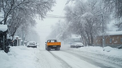Snowy street with a snowplow clearing the road.