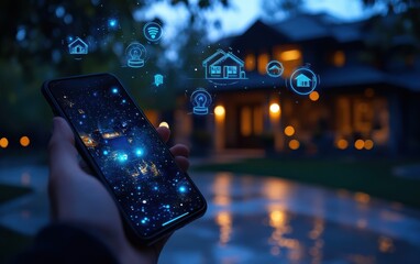 Smart home technology: individual using smartphone to control smart devices and systems in a modern home