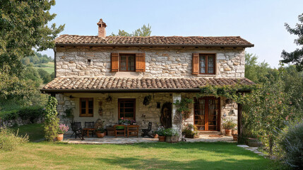 charming small house in European countryside, featuring stone walls, wooden shutters, and cozy porch surrounded by greenery. This picturesque setting evokes sense of tranquility and warmth