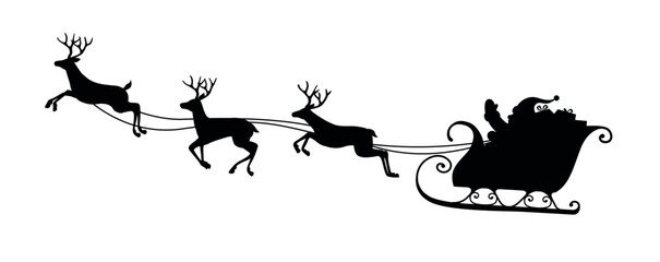 Vector christmas santa claus's flying sleigh with reindeer carrying presents illustration in black silhouette isolated on white background