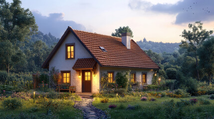 charming small house nestled in European countryside, surrounded by lush greenery and blooming flowers. warm glow from windows invites sense of comfort and tranquility
