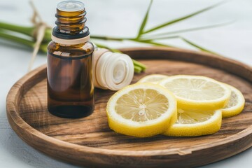 A bottle of essential oil beside fresh lemon slices on a wooden platter, surrounded by green plants, evoking a fresh and natural vibe.