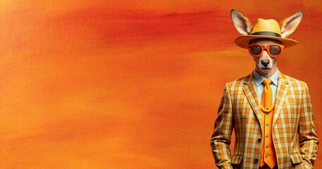 Fox Wolf wearing cool funky fashion dress with sunglasses posing in studio wide banner, stylish Fox Wolf animal