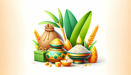 3D Pongal Cultural Symbols Vector Illustration Kolam Lamps Rice Sugarcane Festivity Heritage Infographics Design Icon Isolated White Background Traditional Celebration Elements