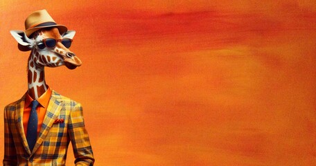 Giraffe wearing cool funky fashion dress with sunglasses posing in studio wide banner, stylish giraffe animal