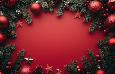 Fototapeta premium Festive red Christmas background with pine branches, baubles, and stars creating a holiday frame