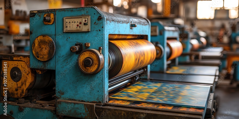 Poster close up of an old printing press in a factory.