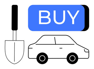 Spade and car outline next to a large blue BUY button symbolize e-commerce. Ideal for online shopping, digital marketplaces, consumer goods, e-commerce platforms, product advertisements, retail