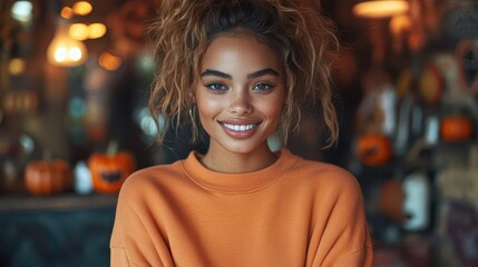 Obraz premium smiling model wearing an oversized orange sweatshirt, standing in a creatively decorated halloween-themed room, embracing a cozy yet festive vibe, warm lighting enhancing the ambiance
