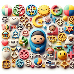 Obraz premium 3D Interfaith Symbols Collection Unity Diversity Concept White Background Infographics World Religion Day Diverse Icons Representing Harmony and Inclusivity Spirituality 3D Design Elements