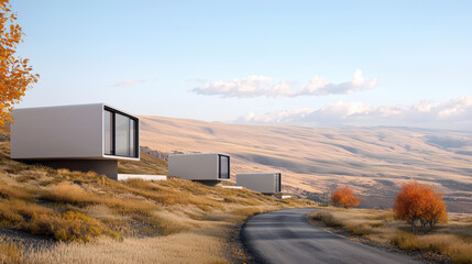 Modern homes on hillside with winding road, surrounded by golden grass and autumn trees, showcasing serene landscape