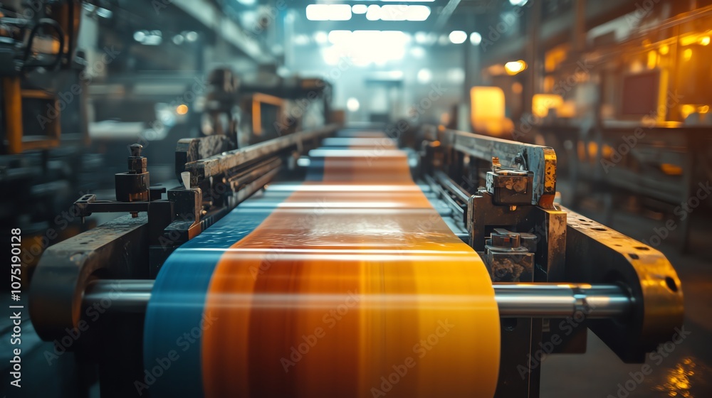 Leinwandbilder close-up of a conveyor belt in a factory with colorful materials moving through it.