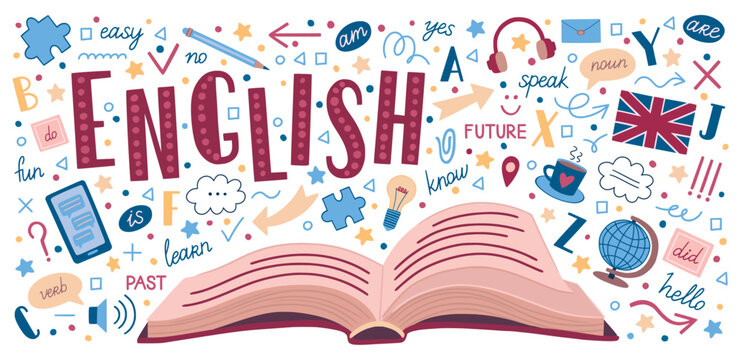 English language. Learning grammar. Doodle lesson. Reading book. Opened textbook. Vocabulary dictionary. Studying school subject. Foreign literature. Knowledge course. Vector concept