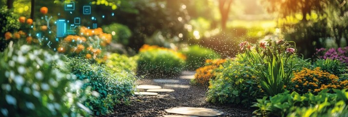 Fototapeta premium This lush garden features colorful flowers and automated sprinklers, showcasing advanced soil sensors for optimal plant care. Generative AI