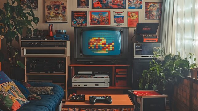 A classic game room setup with an old TV and retro video game console, surrounded by colorful posters and controllers from the 80s and 90s era. No text, no logo, wide angle shot, cinematic scene, 4k