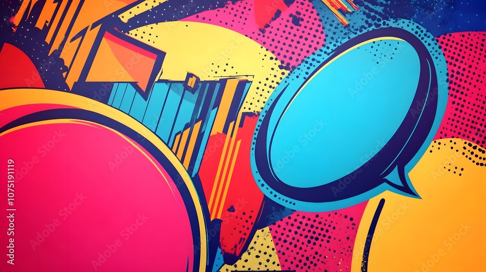 Poster a bold and colorful retro pop art composition with comic-style graphics and speech bubbles, capturin