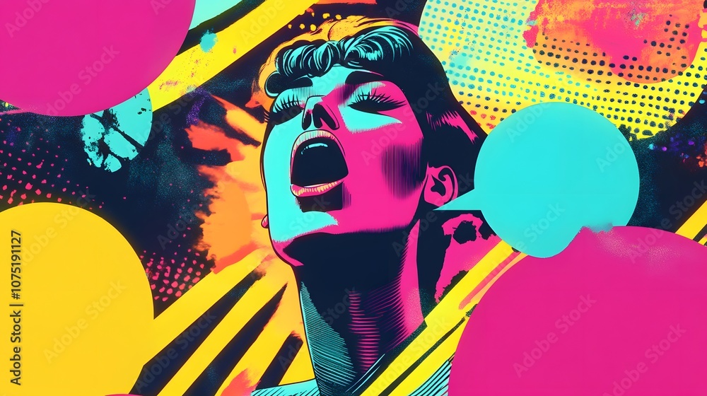 Poster a bold and colorful retro pop art composition with comic-style graphics and speech bubbles, capturin