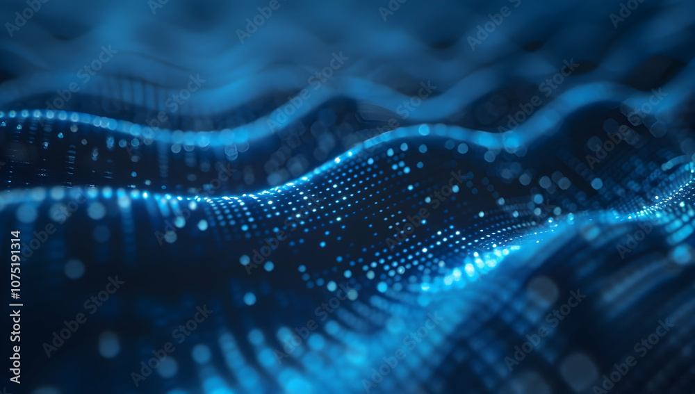 Poster abstract digital background with blue glowing dots forming a wave pattern on a dark gradient backdro