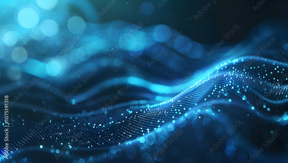Poster abstract digital background with blue glowing dots forming a wave pattern on a dark gradient backdro