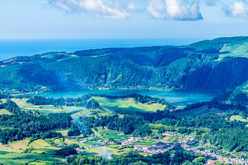 A view looking down into the Furnas Caldera on the island of Sao Miguel in the Azores in summertime