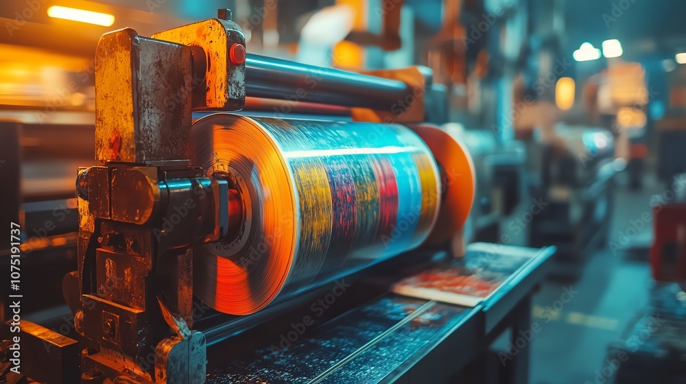 Poster Close-up of a printing press in a factory with a roll of paper and a printed label.