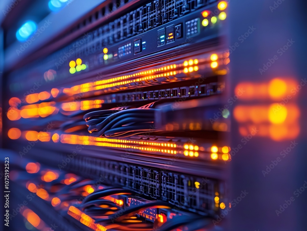 Poster close-up of a server rack with glowing lights and cables.