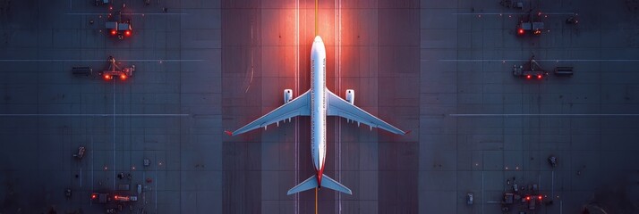 Parked airplane on a lit runway at night, ready for its journey, capturing air travel essence. Perfect for tourism, business trips, and global travel concepts