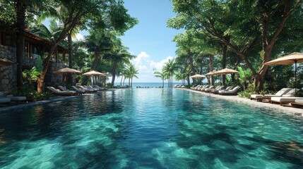 Obraz premium Serene poolside view with lush greenery and ocean backdrop.