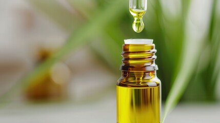 A close-up of a dropper bottle dispensing golden oil, with a blurred green background, emphasizing natural ingredients and wellness.