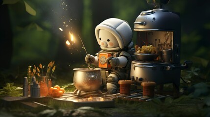 A photo of a 3D character using a camping stove