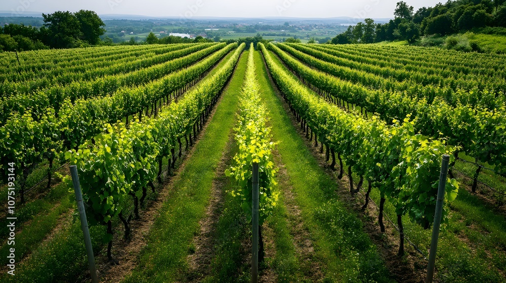 Aufkleber aerial shot of a sprawling vineyard with rows of grapevines arranged in a symmetrical pattern, stret