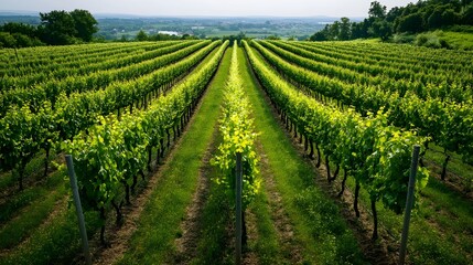 Aerial shot of a sprawling vineyard with rows of grapevines arranged in a symmetrical pattern,...