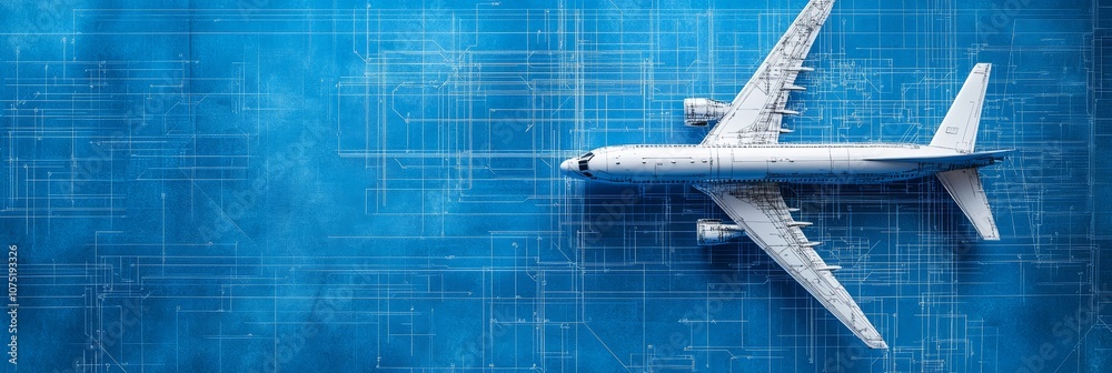 Poster White model airplane positioned on blueprint background, symbolizing the design and engineering involved in the aviation industry