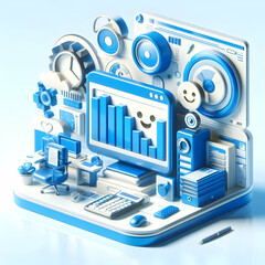 3D Blue Monday Glossy Business Concept | Modern Office Elements, Blue Accents, Corporate Stress Visuals, Glossy Environment, 3D Icon Isolated on White Background, Copy Space for Text