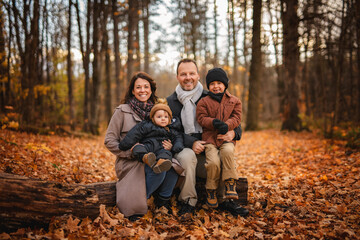 Joyful family and childs having fun, laugh and enjoy nature outdoors at autumn park.