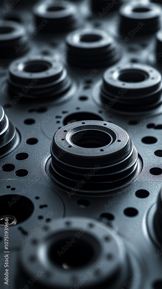 Aufkleber close-up of black metal parts with circular holes arranged in a grid pattern.