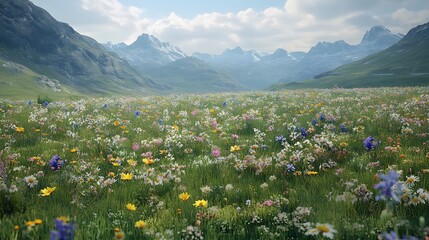 High perspective of a mountain valley in spring, with fields of wildflowers arranged in natural, symmetrical clusters across the meadow. No text, no logo, wide angle shot, cinematic scene, 4k © cynz